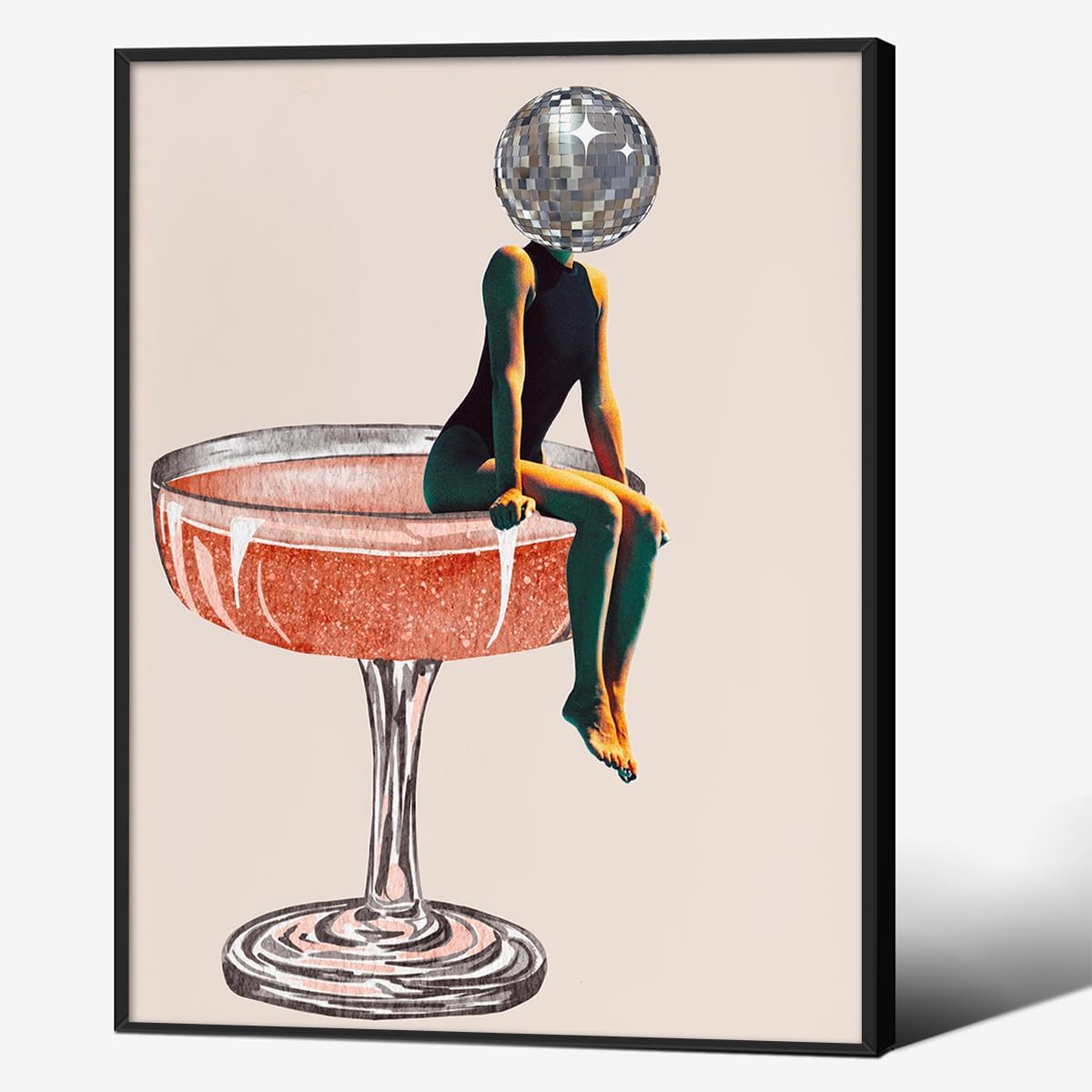 Funky Disco Ball Girly Head Poster Retro Cocktail Wall Art
