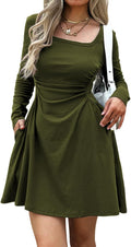 Women's Square Neck Long Sleeve Mini Dress Ruched Waist - Slim Fit 90%