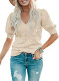 Foshow Womens Puff Short Sleeve Sweaters - Lightweight Dot Pullover