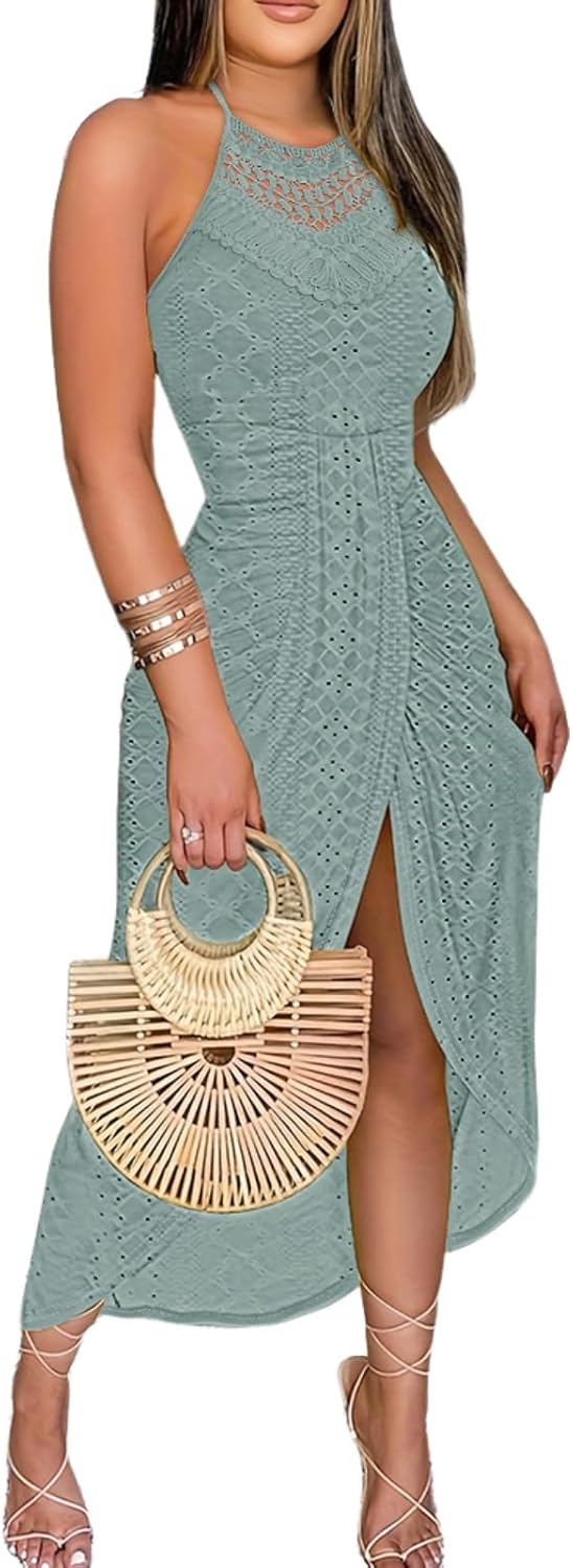 Chicme Womens Summer Halter Dress with Eyelet Embroidery