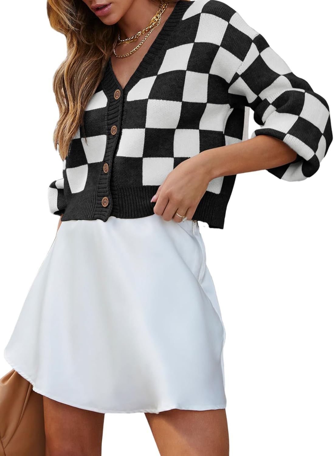 Dokotoo Womens Checkered V Neck Button Down Cropped Cardigan