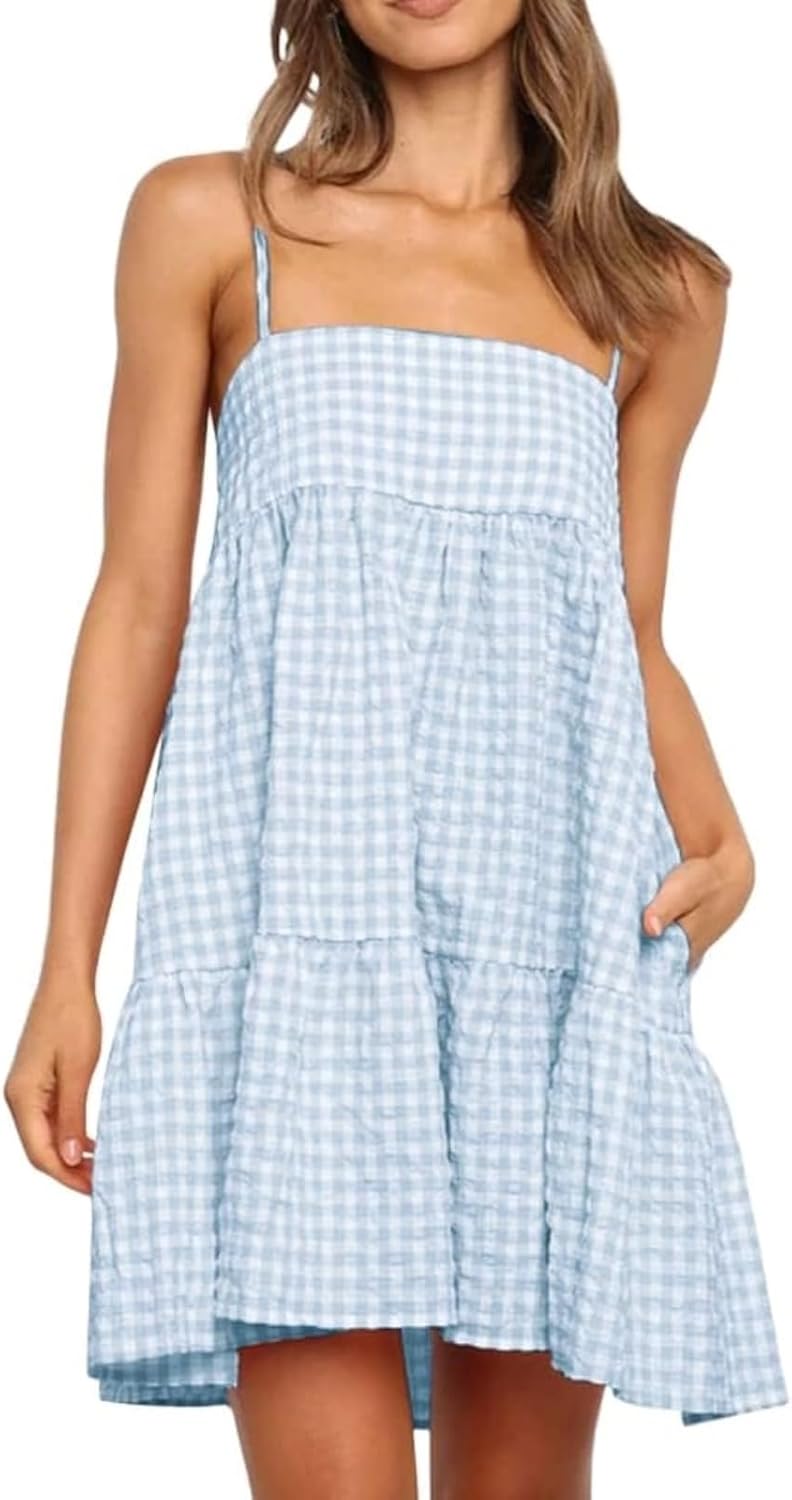 Womens Summer Plaid Mini Dress with Pockets for Casual Wear
