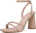Nude Block Heels for Women Strappy Square Open Toe - 3.5in Heel