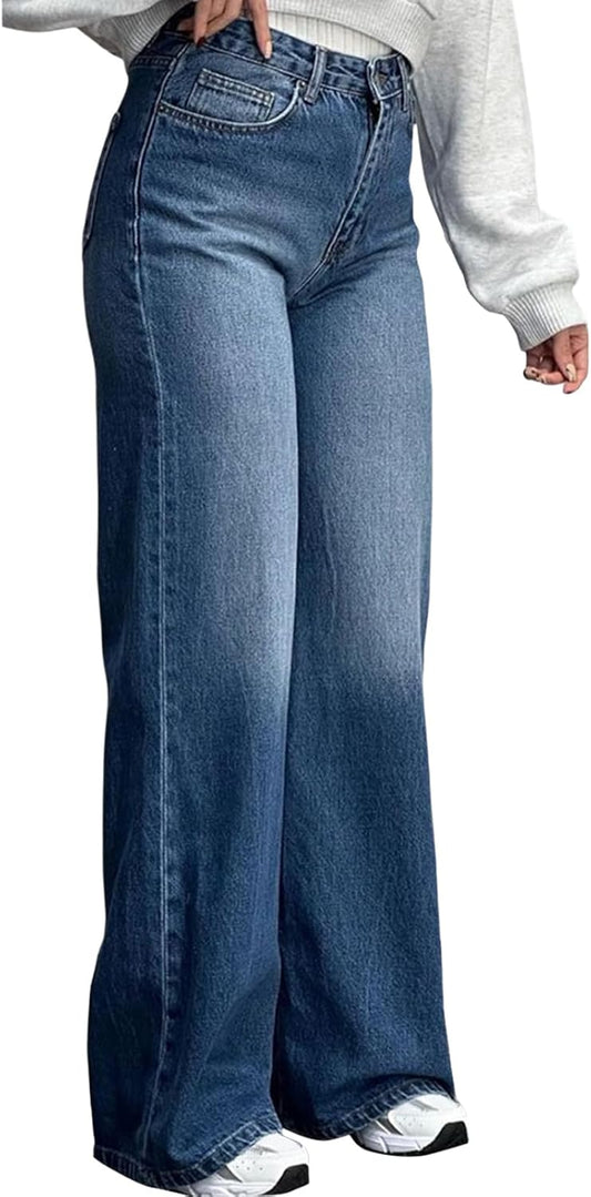 Wide Leg Jeans for Women - Casual Stretch High Rise Denim Pants
