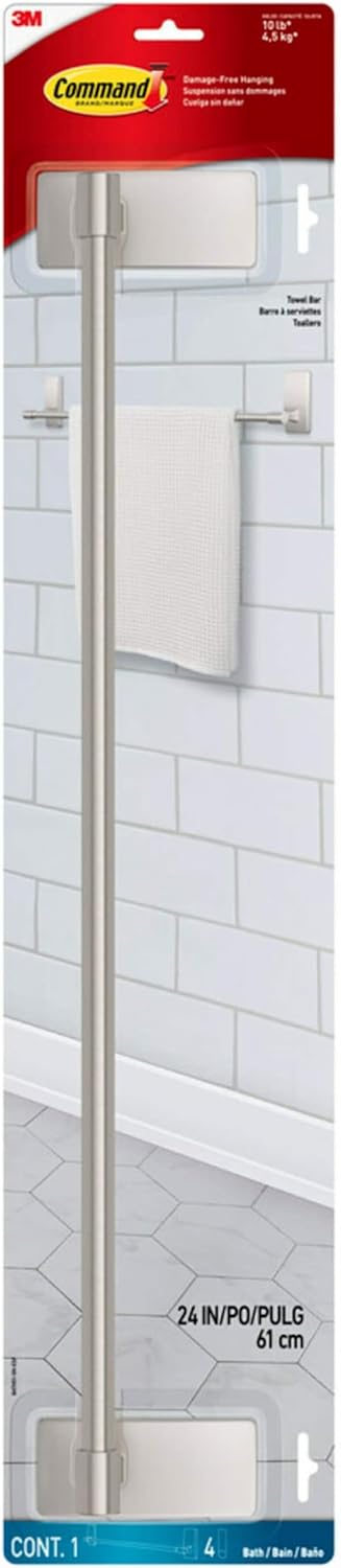 Command Bath Satin Nickel Towel Bar for Damage Free Organization