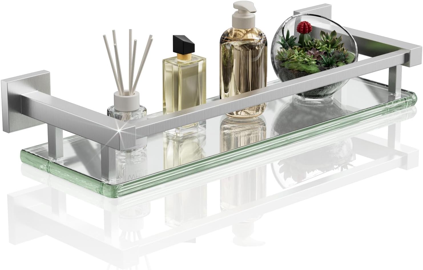 Alise Bathroom Glass Shelf with Stainless Steel Railing Design