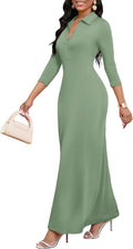 Maxi Dresses for Women V Neck 3/4 Sleeve Bodycon Long Dress - Retro