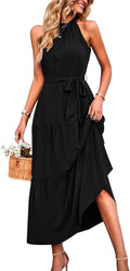 Women's Summer Floral Maxi Halter Dress - Flowy Ruffle Hem Attention