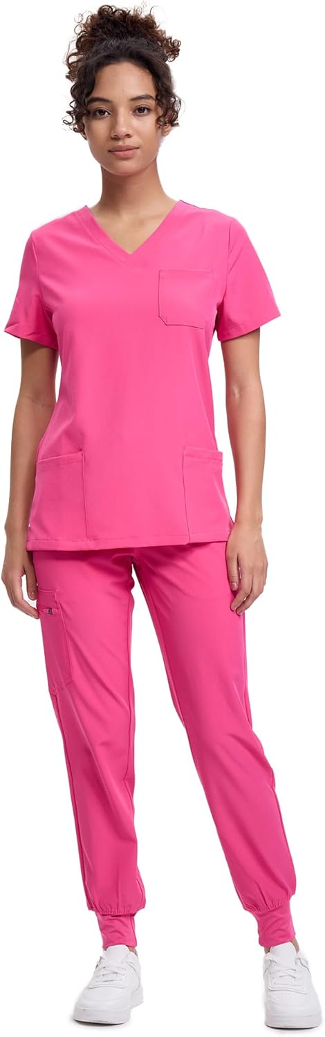 Women's V-Neck Scrubs Top & Cargo Pants Set with 10 Pockets
