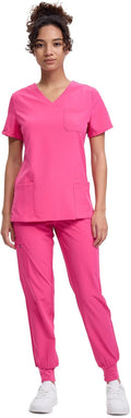 Women's V-Neck Scrubs Top & Cargo Pants Set - 10 Pockets, 4-Way active