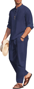 Men's Cotton Linen 2-Piece Henley Shirt and Beach Pants Set