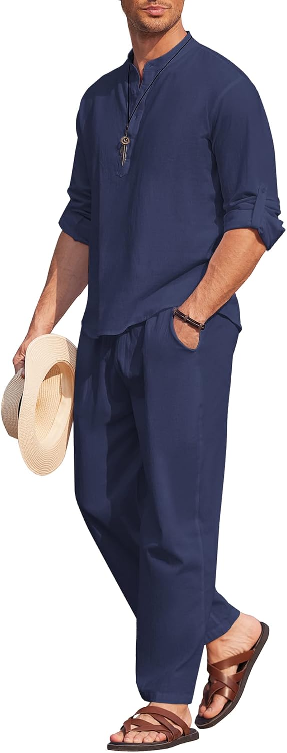 Men's 2 Piece Cotton Linen Set for Casual Summer Outfits