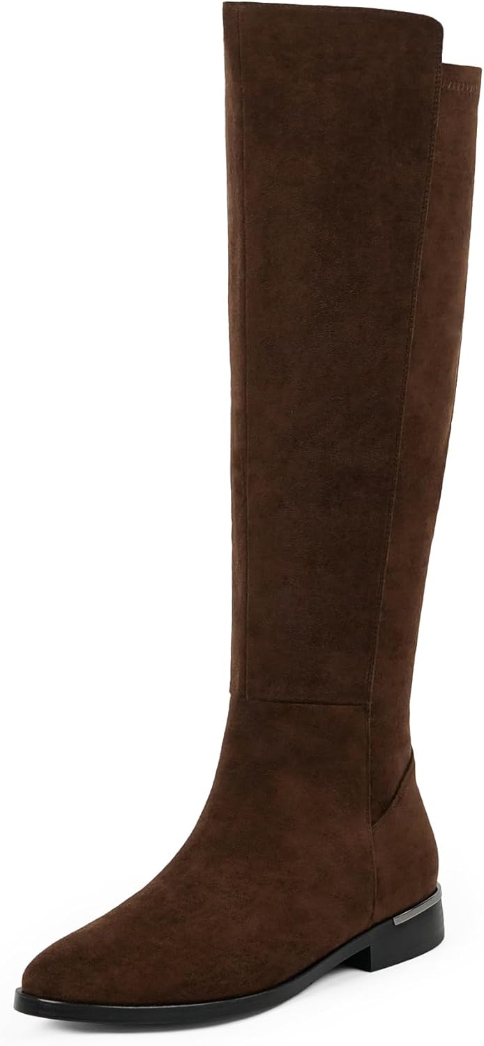 Modatope Knee High Boots Women Flat Rounded Toe Stretchy Style