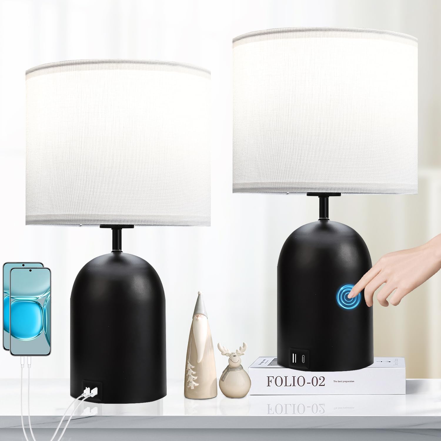 Touch Control Bedside Lamps Set of 2 with USB Ports for Nightstand