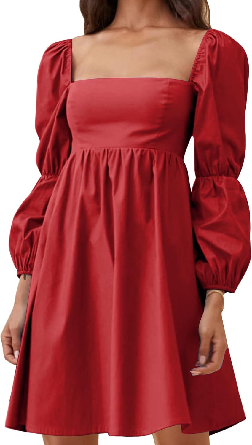 EXLURA Womens Square Neck Dress with Puff Sleeve for All Occasions