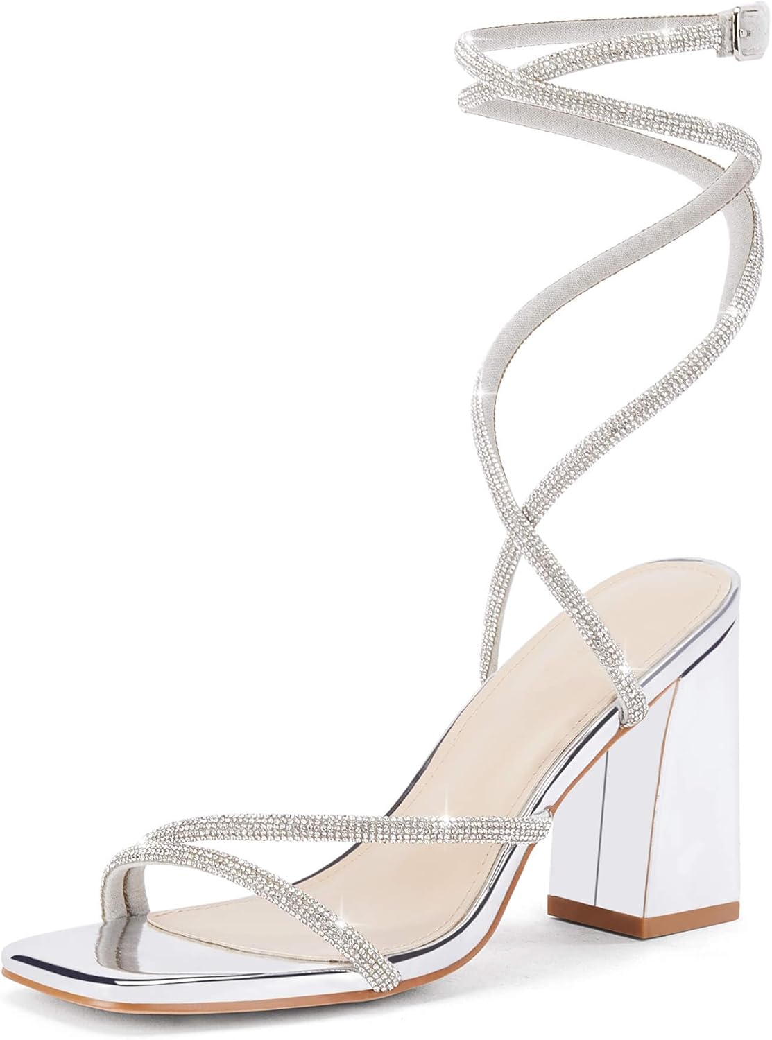 Coutgo Womens Lace Up Chunky Heels Rhinestone Sandals for Style