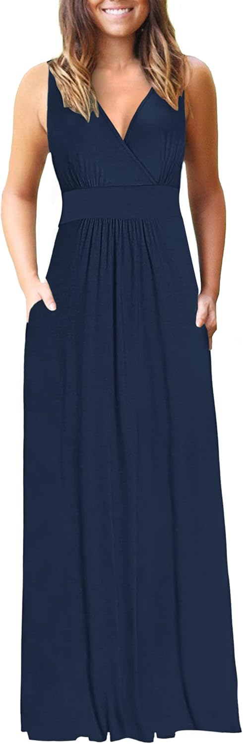 Sleeveless Maxi Dress with Deep V Neck and Pockets for Events