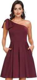 Bow One Shoulder A-Line Cocktail Dress - Flowy Midi with Pockets