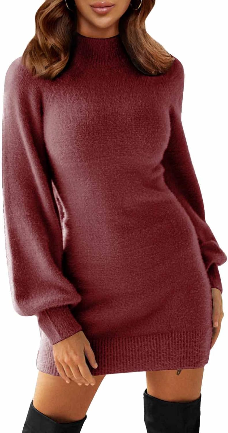 EXLURA Women's Mock Neck Ribbed Long Sleeve Bodycon Dress