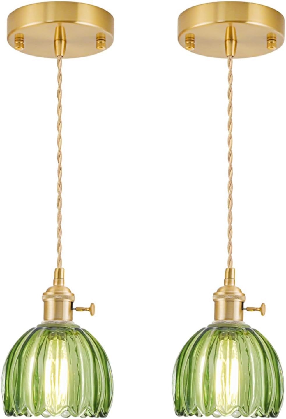 Mini Pendant Lights Kitchen Island 2 Pack with Green Tulip Shade