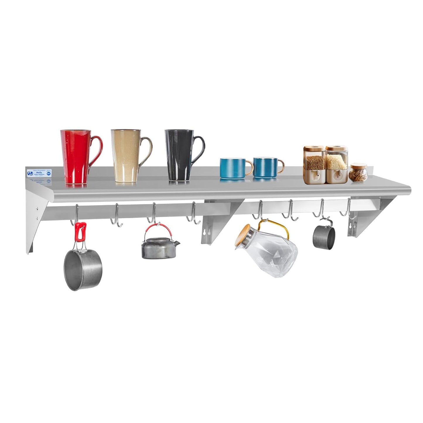 HALLY Stainless Steel Shelf with 8 Hooks for Kitchen Storage