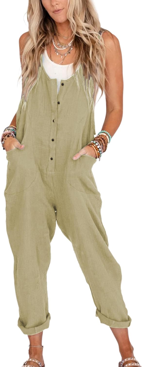 Yeokou Womens Overalls Linen Cotton Jumpsuits for Summer Fun