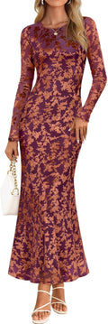 MEROKEETY Women's Floral Mesh Bodycon Maxi Dress - Fall Formal Fit