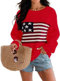 Womens American Flag Knit Sweater Pullover - Soft Loose Crew Neck