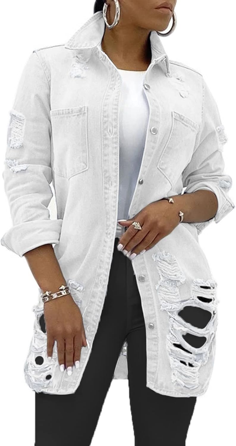 SeNight Women's Distressed Jean Jacket with Fray Hem and Tassels