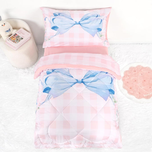 DILIMI Toddler Bedding Set for Girls - Pink Gingham Comforter
