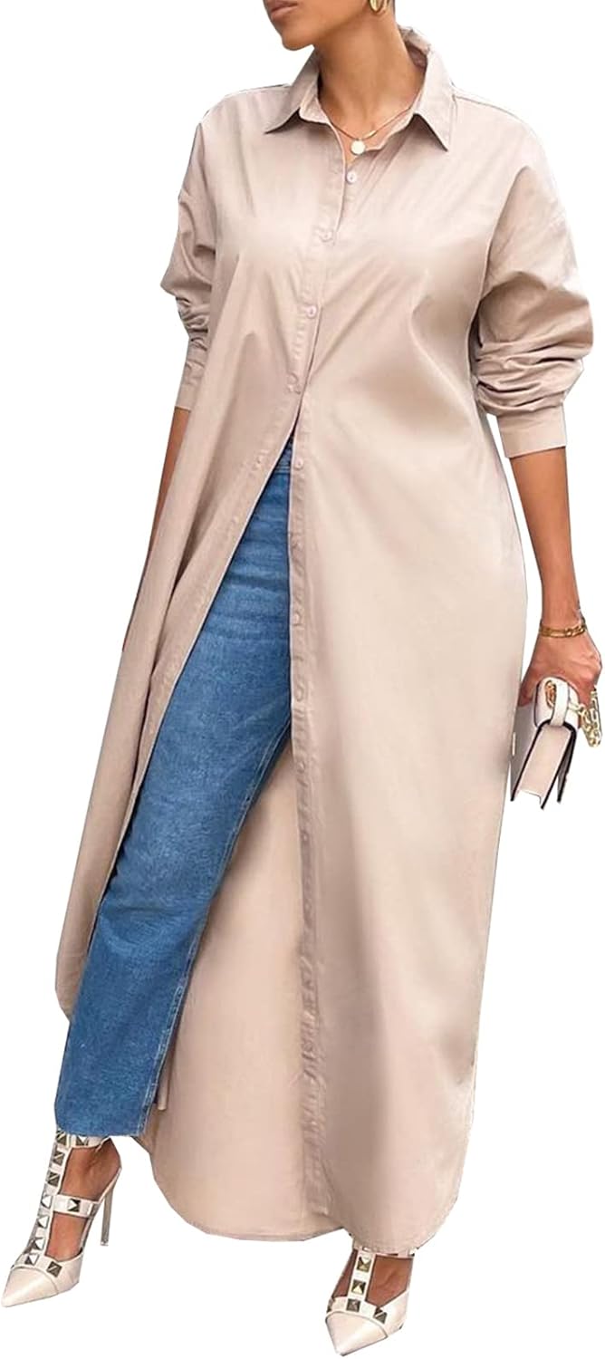 Choichic Casual Long Sleeve Maxi Shirt Dress for Women