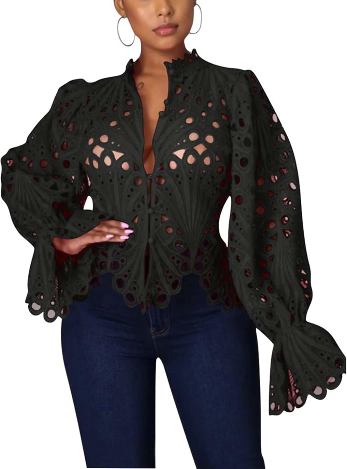 Doweha Womens Sexy Ruffle Long Sleeve Lace Tops for 2025