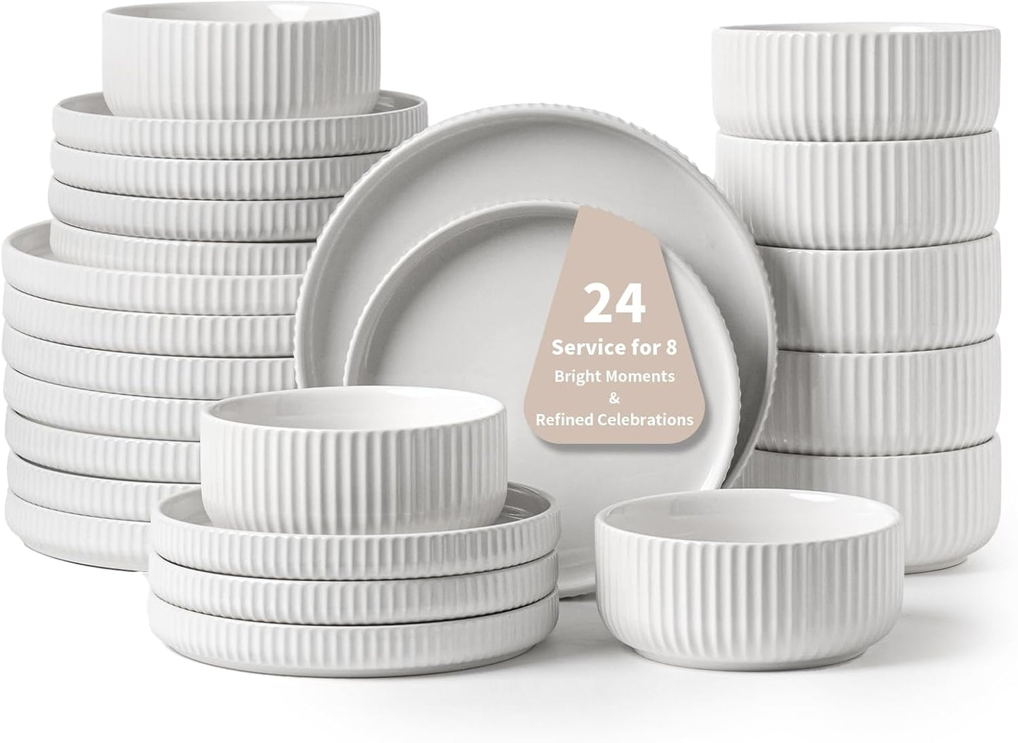 Elegant 24 Piece White Ceramic Dinnerware Set for 8 Guests