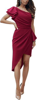 One Shoulder Cocktail Dress - Elegant Ruffle Wrap Bodycon Out