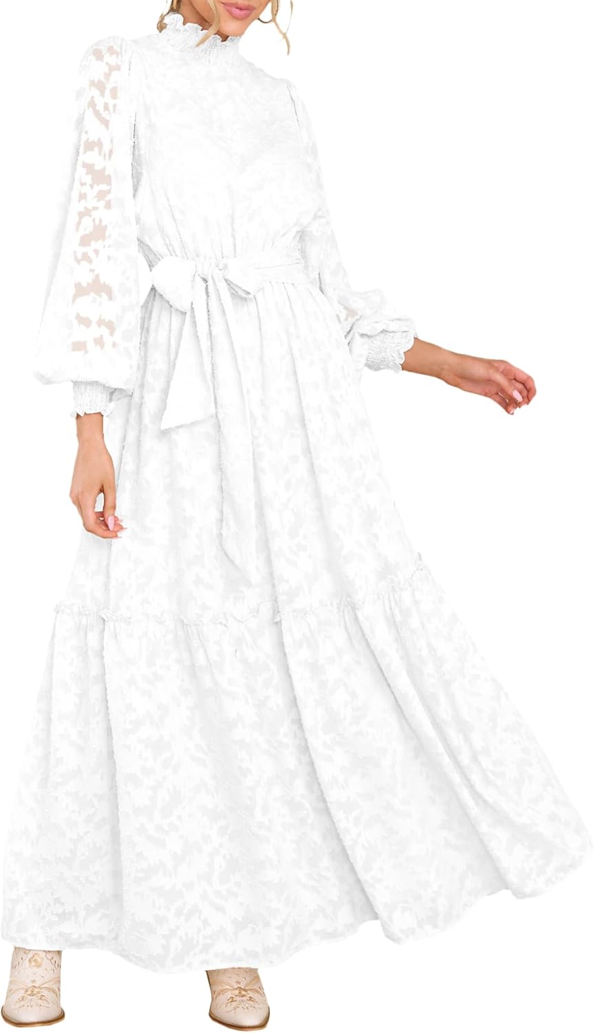 Elegant Floral High Neck Long Sleeve Maxi Dress for Women