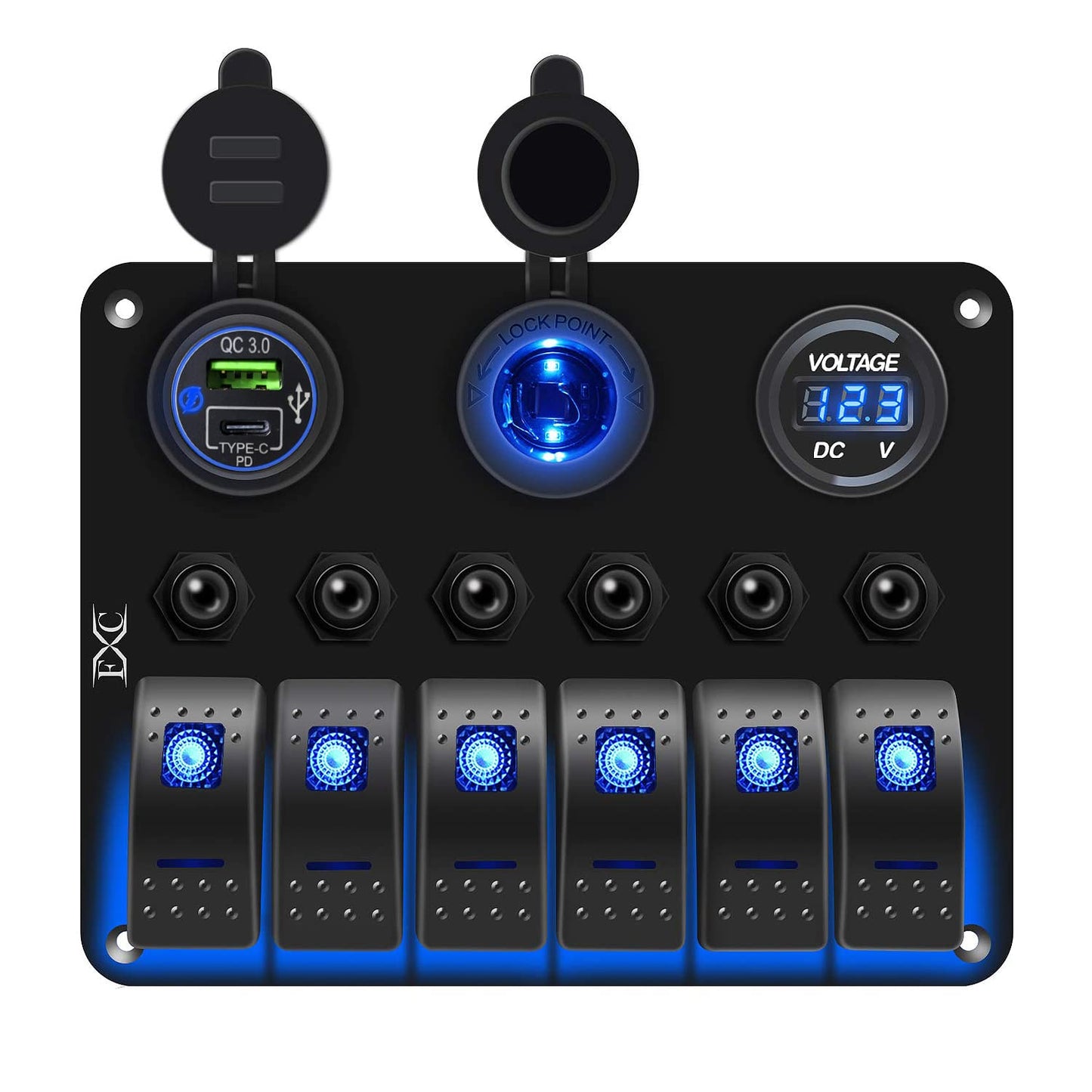 FXC Waterproof Marine Boat Switch Panel with USB & Voltmeter