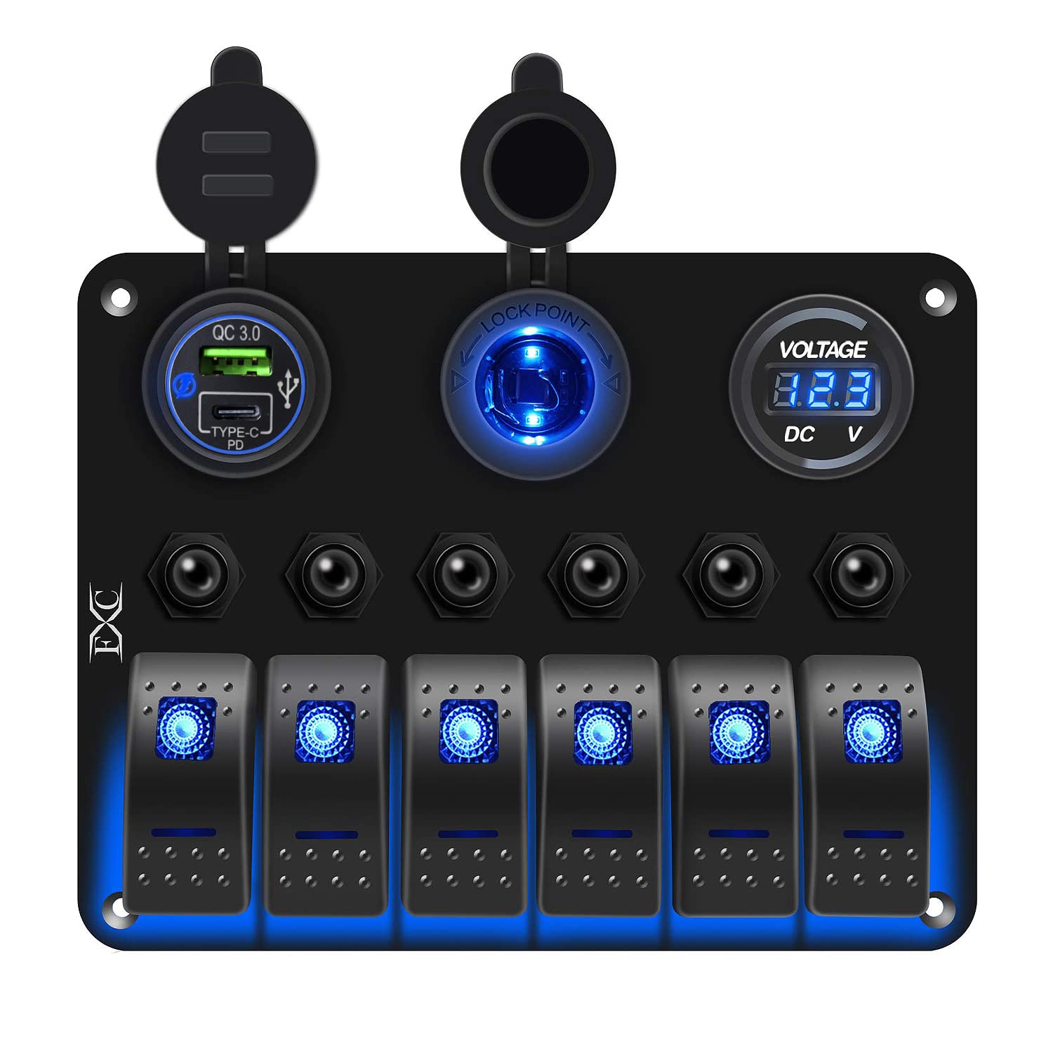 FXC Waterproof Marine Boat Switch Panel with USB & Voltmeter