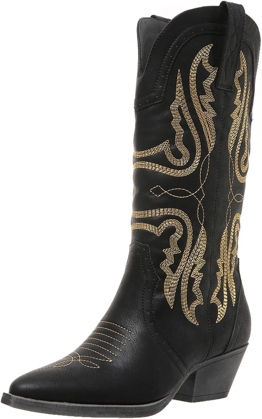 Cowboy Boots for Women Mid Calf Chunky Block Heel Stylish Design
