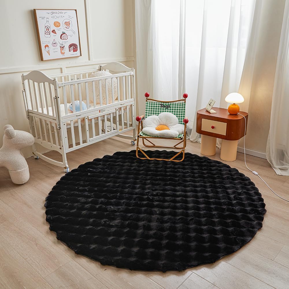 Chovy Black Round Faux Fur Fluffy Shaggy Area Rug for Home