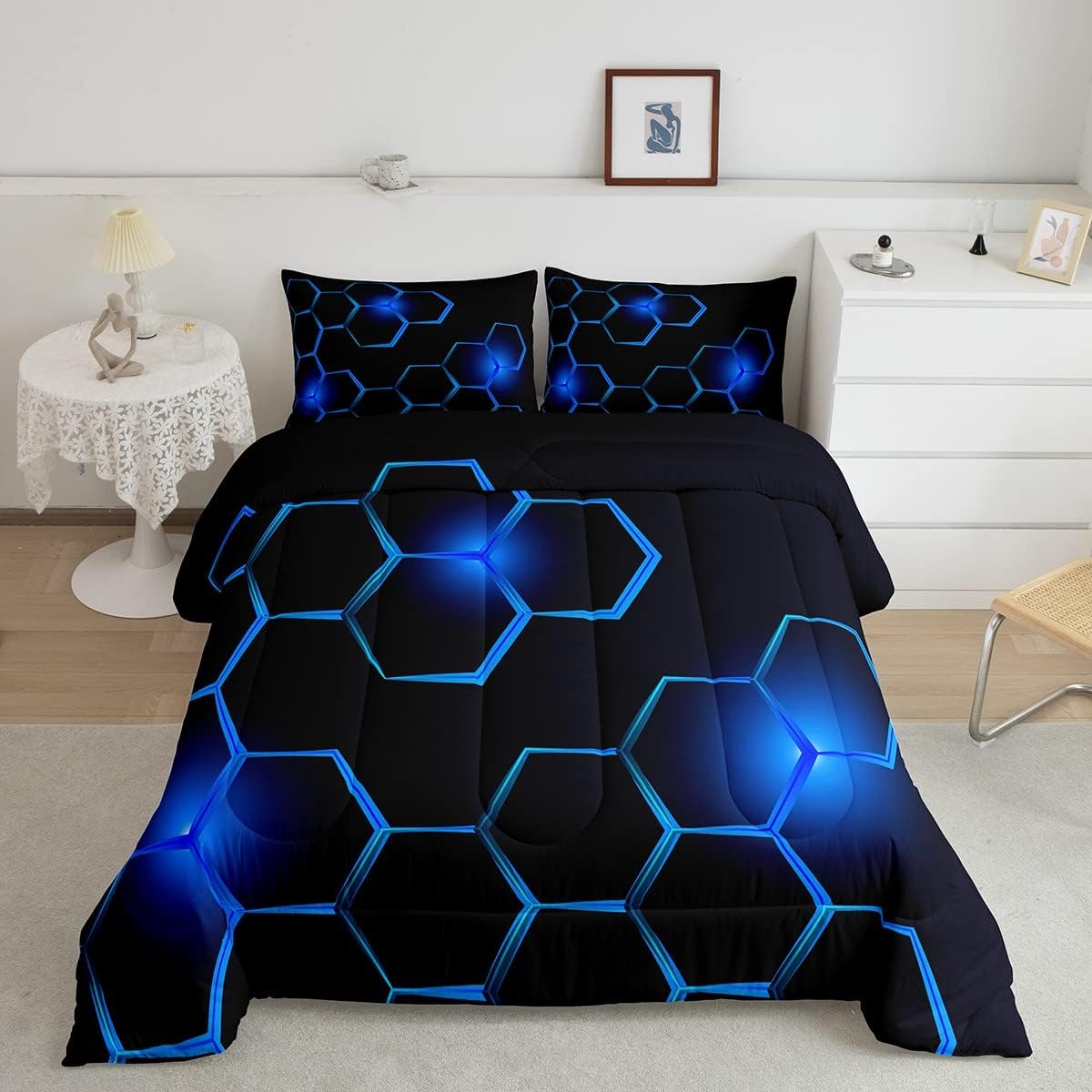 Honeycomb Kids Comforter Set Modern Hexagon Bedding for Boys