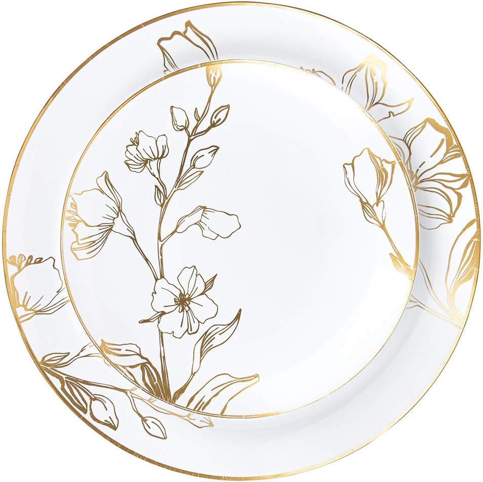 Elegant Plastic Plates Set with Floral Design and Gold Rim