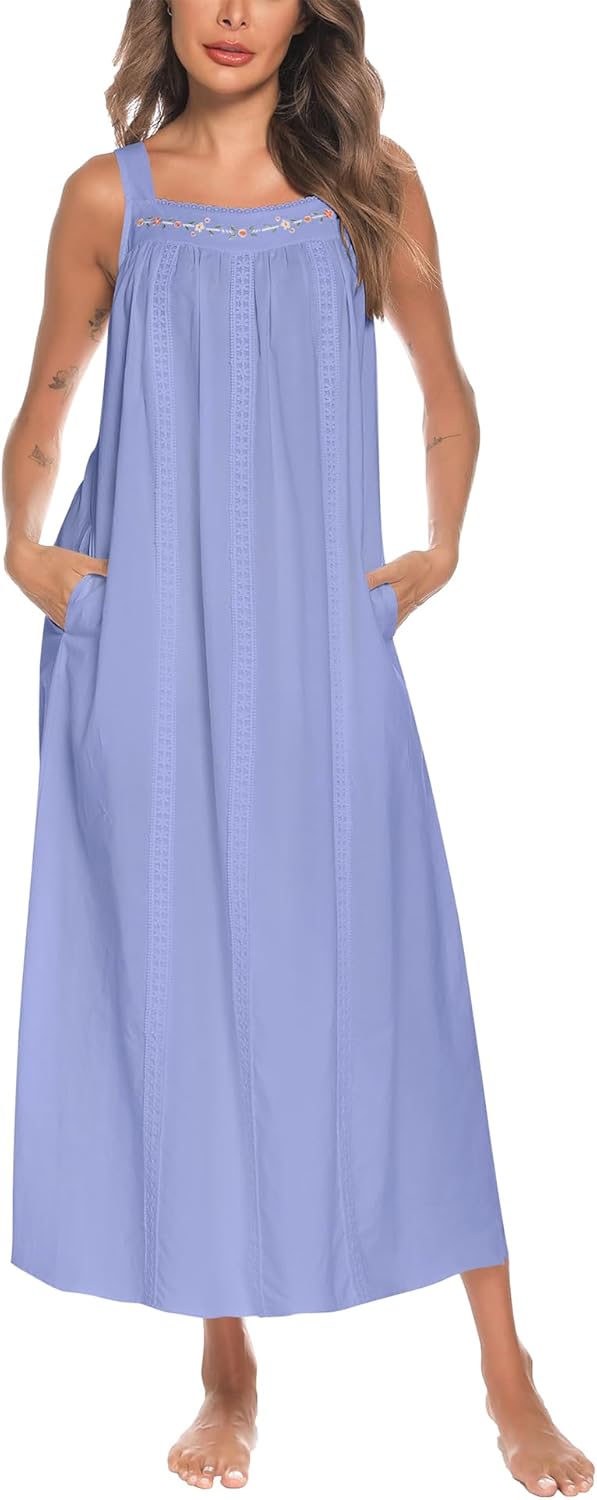 Cotton Nightgowns for Women with Pockets and Embroidery