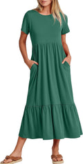 ANRABESS Womens Summer Maxi Dress Tiered Flowy Crewneck - Casual