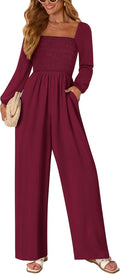 Jumpsuits for Women Long Sleeve Wide Leg Romper - Smocked Square Neck