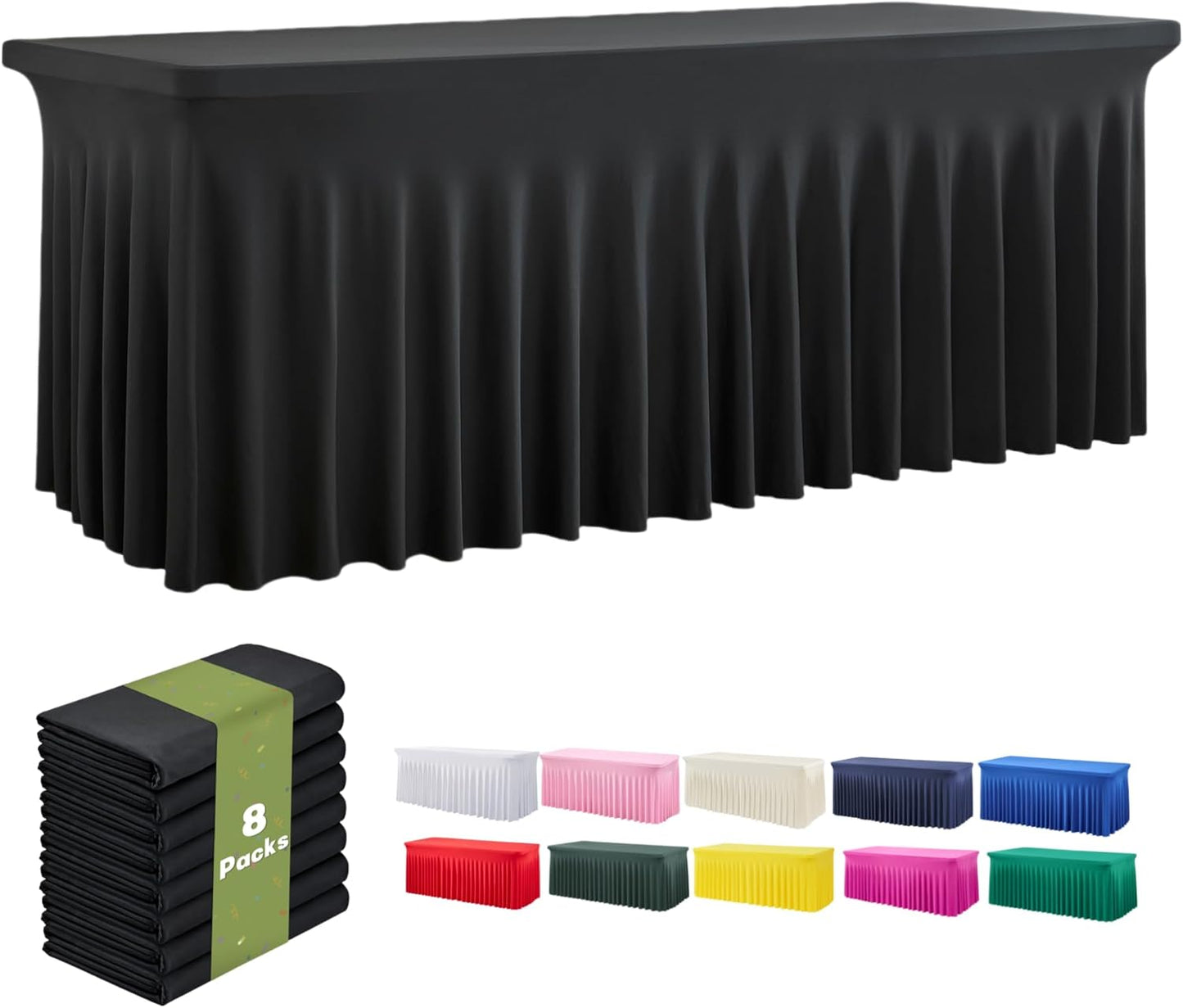 Elegant 8 Pack Black Spandex Table Cloths for 6 Foot Tables