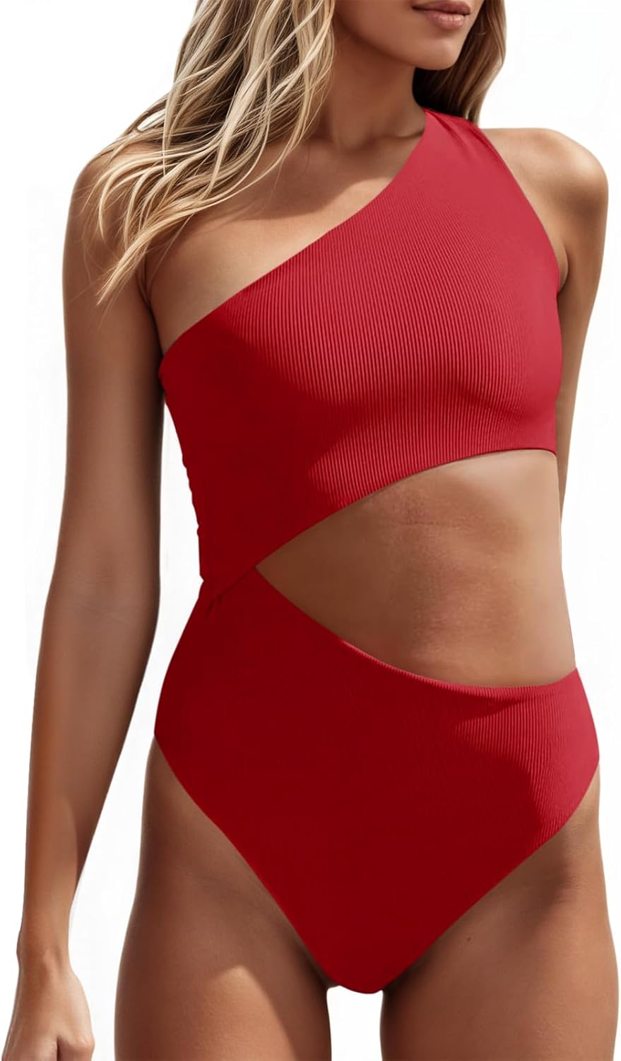 Women's One Piece Ribbed Swimsuit with One Shoulder Cutout