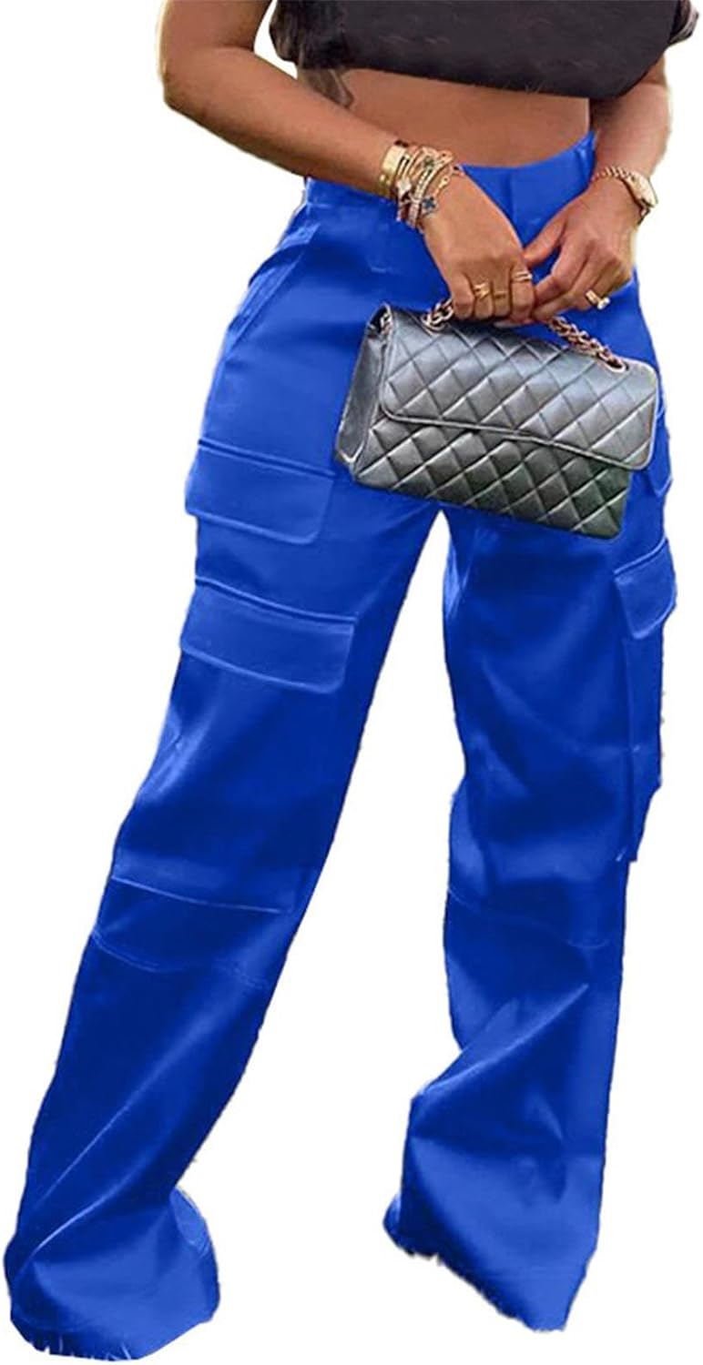 Stylish High Waisted Satin Cargo Pants for Women with Pockets