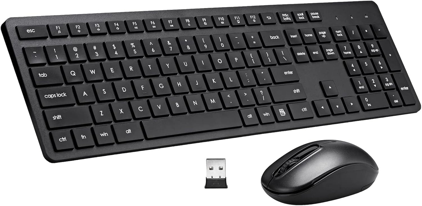 Silent 2.4G Wireless Keyboard & Mouse Combo - Full Size, 1600 DPI Opt. Mouse (Black)