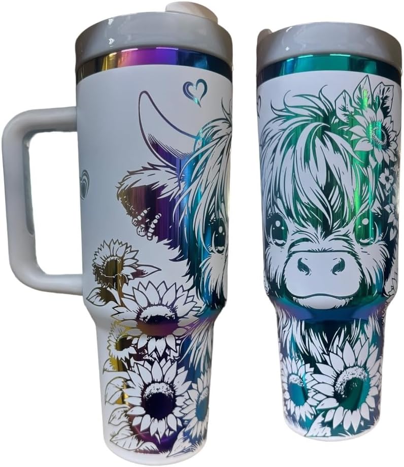 Sunflower Highland Cow Tumbler with Handle - 40oz Insulated Mug