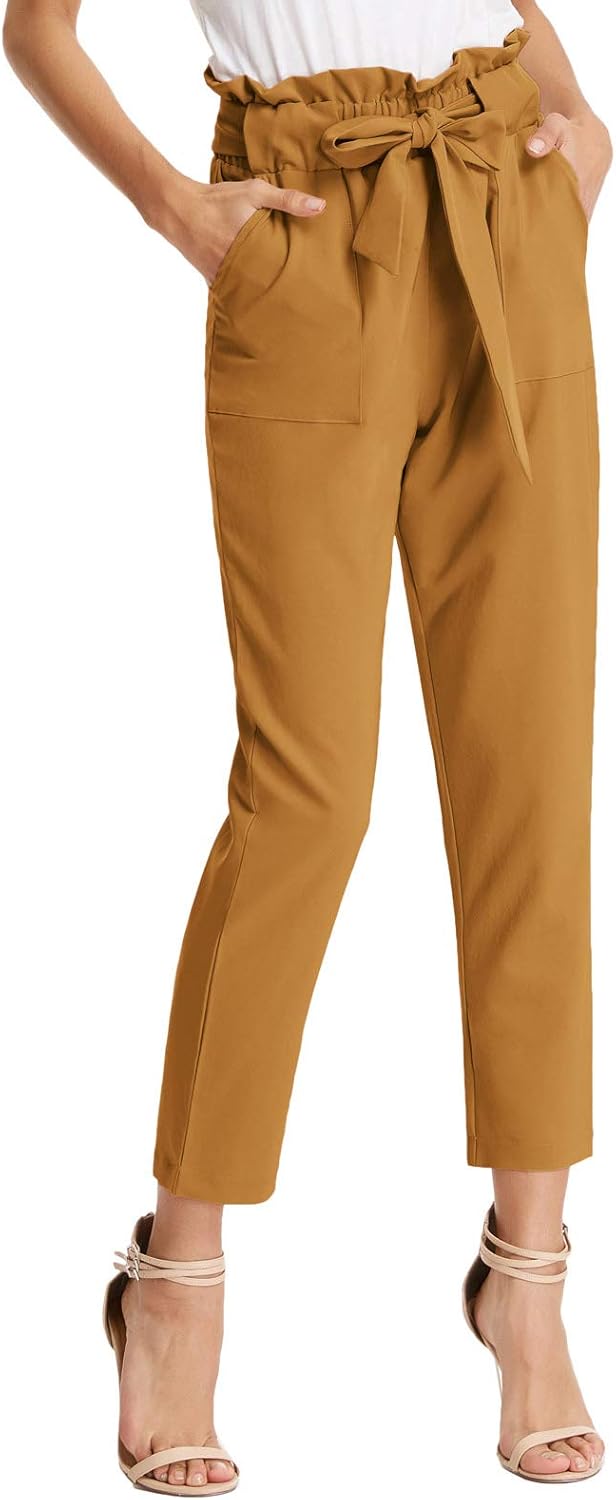 Stylish Women's Cropped Paper Bag Waist Pants with Pockets